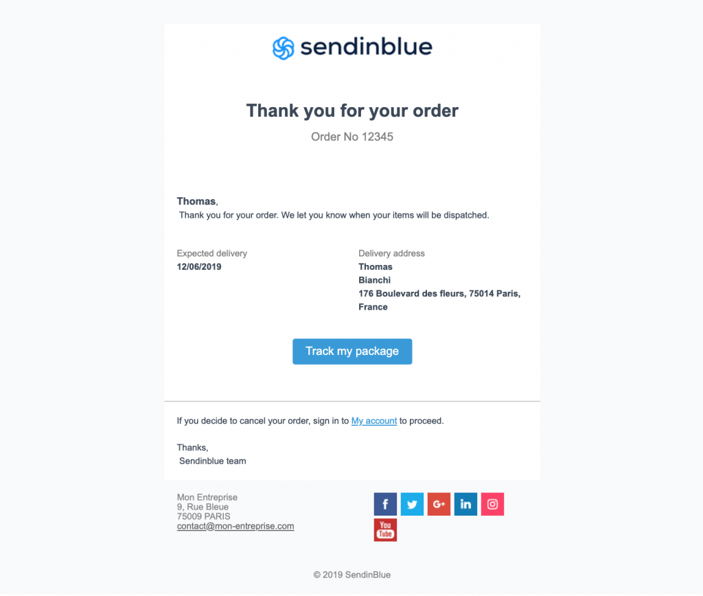 Email thông báo thông tin đơn hàng khách đã đặt của Sendinblue